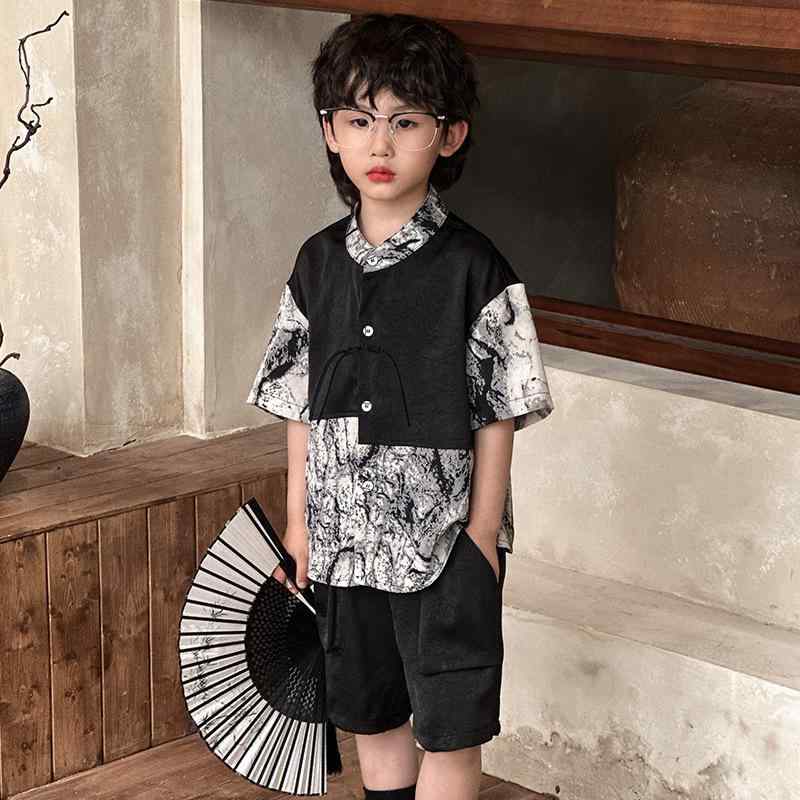 漢服 キッズ 男の子 中華風 古風 夏 セットアップ ポリエステル素材 シャツ 短パン ルームウェア 普段着 涼しい カジュアル 黒 水墨画 唐装 男児