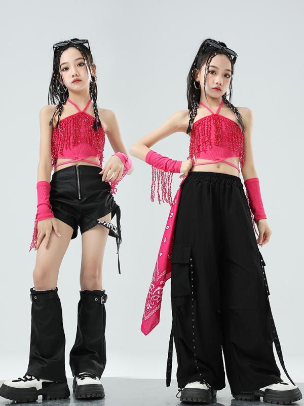キッズ 女の子 ストリート ジャズ ヒップホップ ダンス衣装 ピンク フリンジ ベスト ショートパンツ セットアップ 発表会 練習着 パフォーマンス トレンド