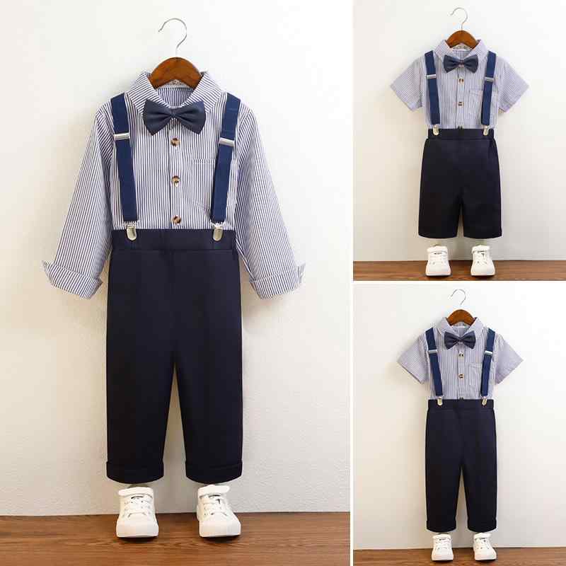 セレモニースーツ 男の子 キッズ 子供 春夏 韓国風 おしゃれ ストライプ柄 サスペンダーパンツ 2点セット 卒業式 入学式 発表会 結婚式 演奏会 誕生日 イベント フォーマル セットアップ