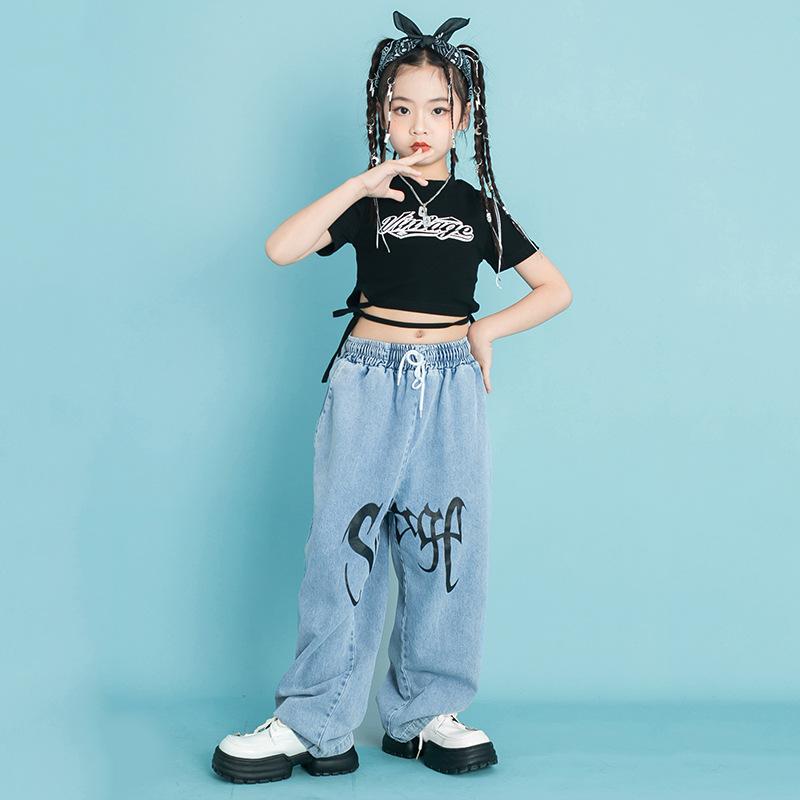 ダンス衣装 女の子 子供 ガールズ ストリートダンス ヒップホップ ジャズダンス セットアップ ショート丈 トップス ワイドパンツ 発表会 ステージ衣装 練習着 レッスン着 結び紐デザイン おしゃれ トレンド