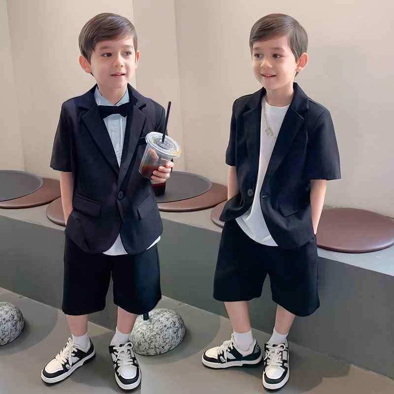 キッズ 男の子 ベビー 夏物 半袖 薄手 スーツ ジャケット セットアップ ショートパンツ フォーマル 礼服 おしゃれ フラワーボーイ 発表会 結婚式 無地 ポリエステル ソフト加工 シングルボタン
