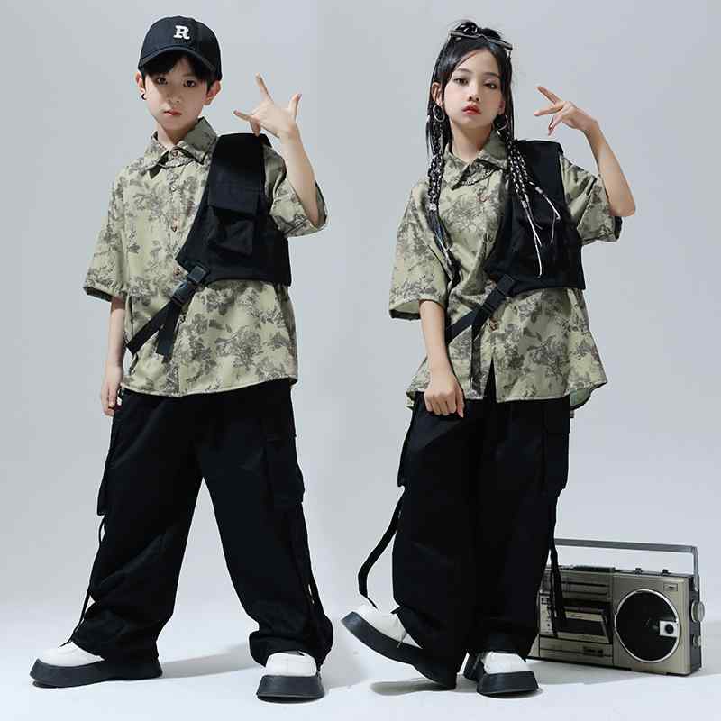 ダンス衣装 キッズ 男の子 女の子 男女兼用 ストリート ヒップホップ クール ベスト シャツ カーゴパンツ セットアップ 発表会 ステージ ドラム 練習着