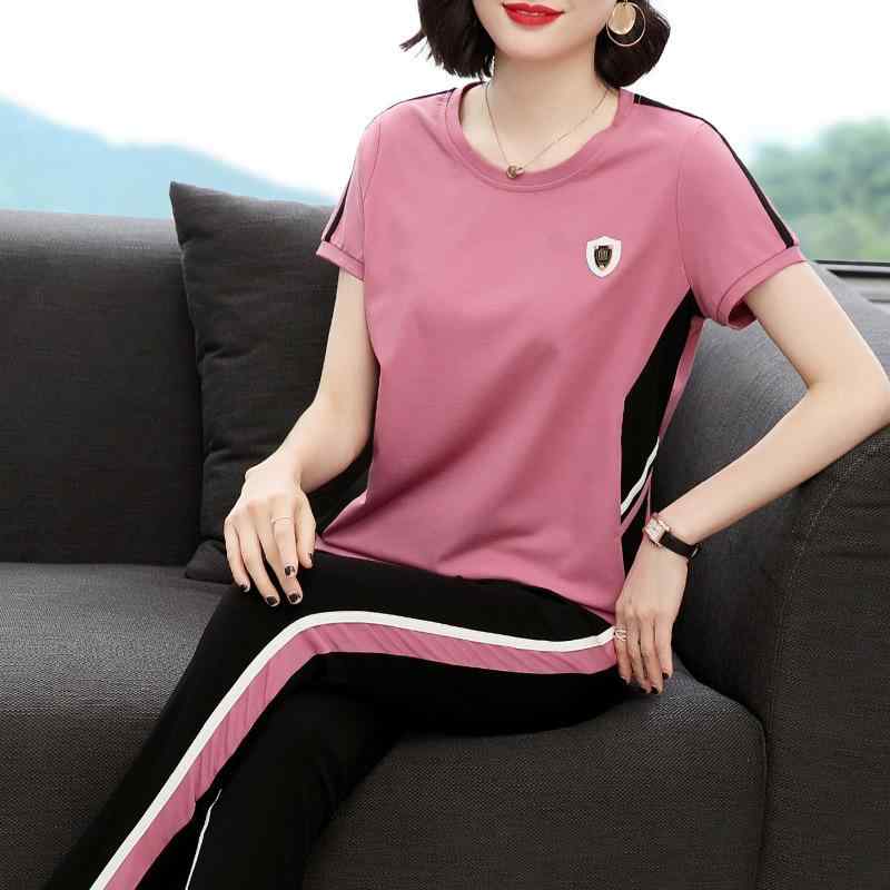 セットアップ レディース 女性用 ママ ミセス 春夏 半袖 Tシャツ トップス パンツ 2点セット ゆったり 体型カバー 細見え 切り替え クルーネック 綿混 レーヨン混 カジュアル スポーツ 通勤 オフィス きれいめ 大人