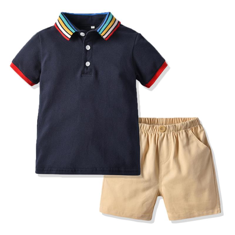 キッズ 男の子 夏用 ポロシャツ 半袖 スポーツ セットアップ 2点セット ハーフパンツ 中小サイズ カジュアル 部屋着 ストライプ 無地 おしゃれ 欧米風 綿