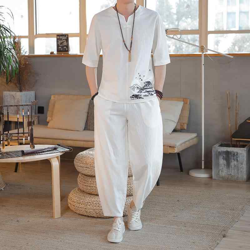 メンズ セットアップ 吸汗速乾 涼しい 軽量 麻混紡 リネン 中国風 漢服風 刺繍 プルオーバー Tシャツ 半袖 七分丈 パンツ 春夏 部屋着 ルームウェア カジュアル ゆったり 白 黒