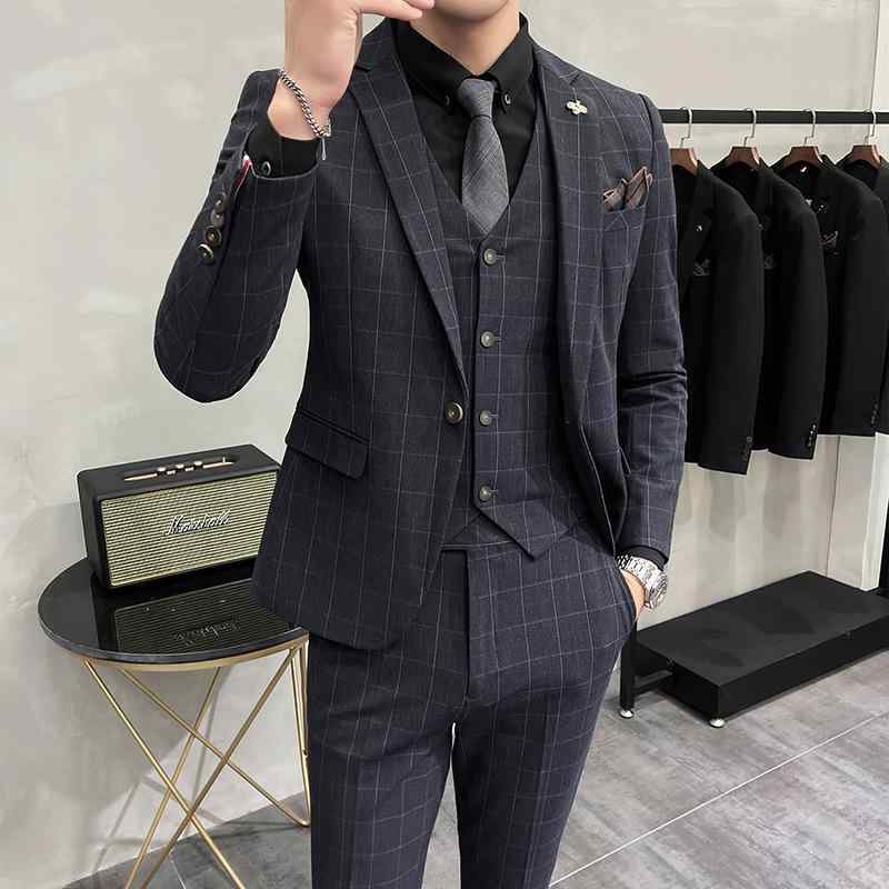 メンズスーツ セットアップ スリムフィット ビジネス カジュアル フォーマル 結婚式 パーティ 大きいサイズ オールシーズン シャドーチェック柄 一つボタン ノッチドラペル センターベント 混紡素材 ブルー ブラウン グレー