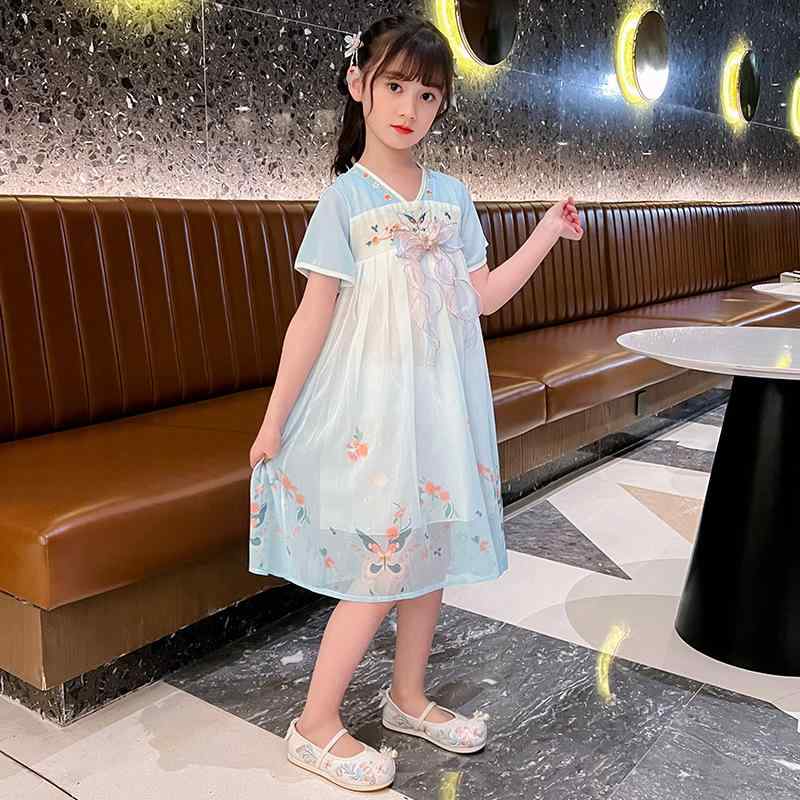 ワンピース キッズ 女の子 春夏 薄手 軽量 柔らかい 肌触り 中華風 漢服 唐装 古風 蝶柄 発表会 イベント 衣装 コスチューム プリンセス 子供服 小学生 高学年 かわいい 4,430円
