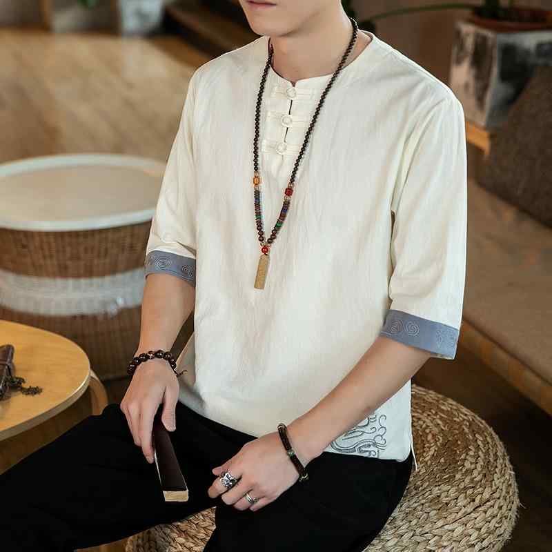 Tシャツ メンズ 吸湿速乾 涼しい 無地 丸首 チャイナ風 レトロ チャイナボタン 刺・墸 綿麻 亜麻混紡 五分袖 ゆったり 大きいサイズ カジュアル 普段着 部屋着 春夏 グレー ベージュ