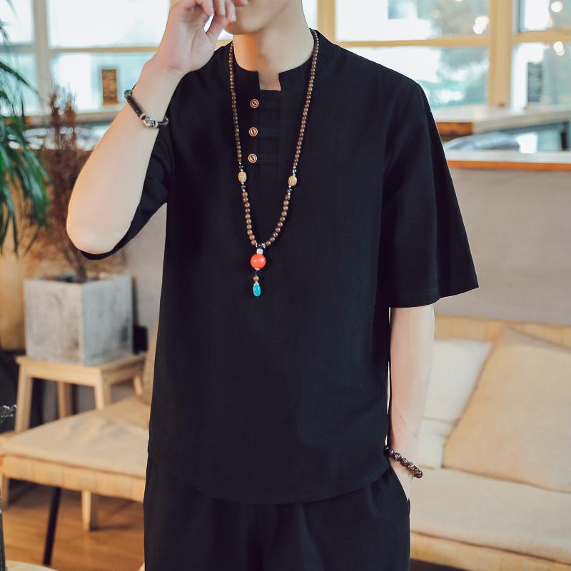 Tシャツ メンズ 春夏 中国風 綿麻 五分袖 ゆったり 大きいサイズ 無地 丸首 カジュアルスタイル ビッグサイズ コットン素材 免?処理