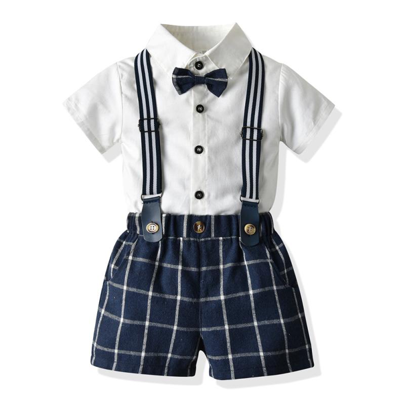 セットアップ 男の子 ベビー キッズ 春夏 半袖Tシャツ チェック柄サロペットパンツ 2点セット コットン素材 薄手 通気性 柔らかい 普段着 お出かけ着 かわいい