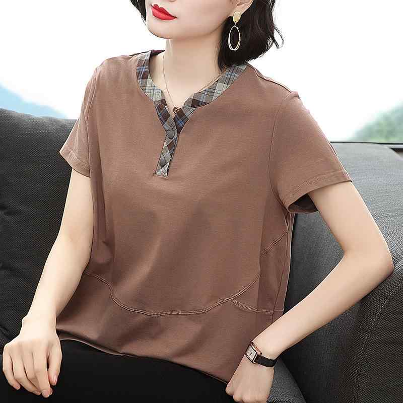 Tシャツ レディース ミセス ゆったり 大きいサイズ Vネック 半袖 綿混 チェック柄 プリント 上品 通勤 オフィス カジュアル 40代 切り替え コーヒー色 ブルー 春夏