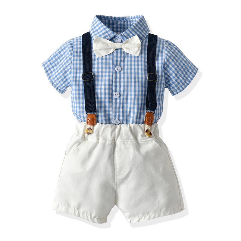 キッズ 男の子 セットアップ 半袖チェックシャツ サロペットショートパンツ 夏用 コットン 欧米風 カジュアル かわいい 2点セット 誕生日会 お出かけ着