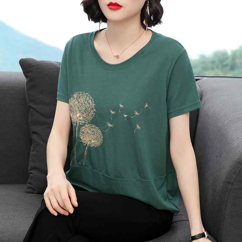 Tシャツ レディース ママ ミセス 半袖 丸首 ゆったり リラックスフィット 大きいサイズ 体型カバー 刺・墸 花柄 再生繊維 グリーン 普段着 部屋着 春夏
