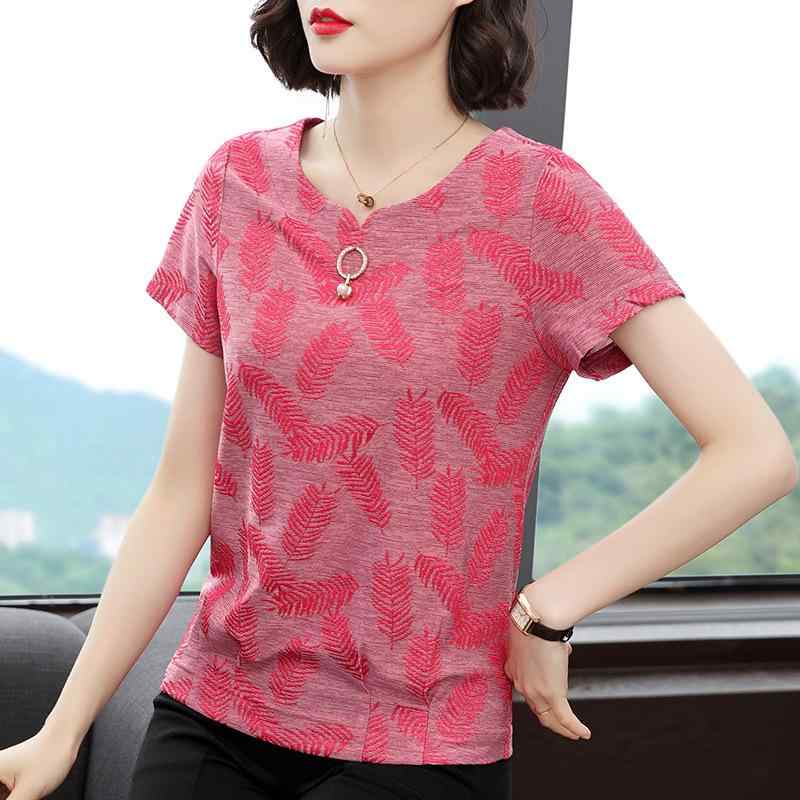 Tシャツ レディース ミセス 半袖 Vネック 植物柄刺しゅう 大きいサイズ ゆったり プルオーバー おしゃれ 上品 カジュアル 春夏 トップス カットソー
