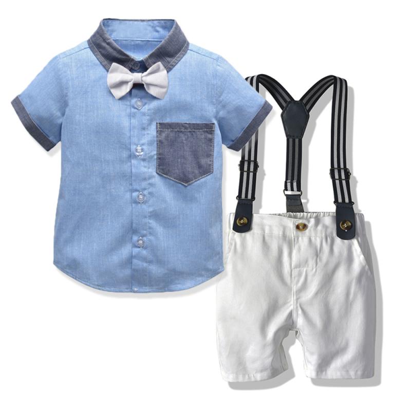 キッズ 男の子 夏服 通気性 柔らか肌触り 紳士風 ワンポケット サスペンダー 半袖Tシャツ ショートパンツ コットンブレンド 普段着 お出かけ ブルー パープル 80 90 100cm対応