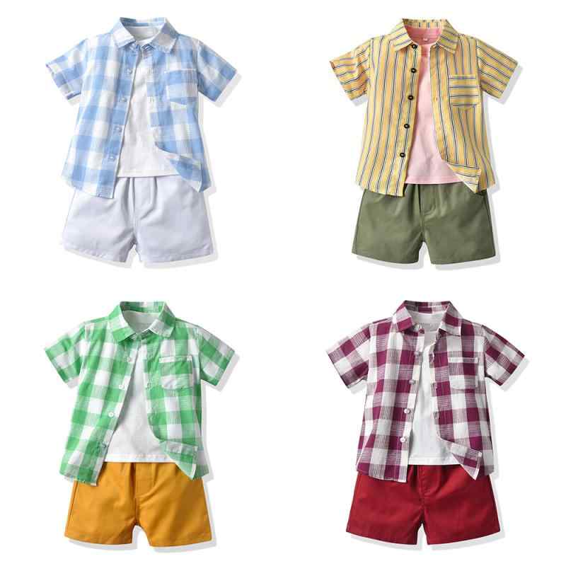 キッズ 男の子 韓国風 カジュアル 薄手 春夏 半袖 チェック柄シャツ Tシャツ ショートパンツ 3点セット 綿素材 ソフトな肌触り 幼稚園 小学生向け