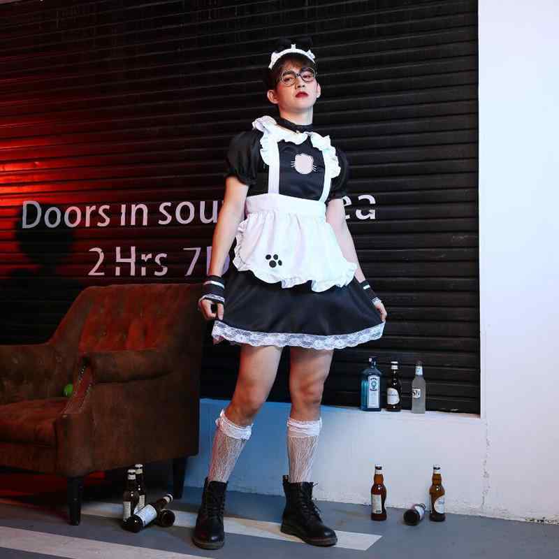コスプレ 男女兼用 猫耳 メイド服 ロリータ系 アニメ衣装 萌え系 かわいい ハロウィン イベント 学園祭 ステージ衣装 ブラック ホワイト ポリエステル素材 仮装 変装 ユニセックス