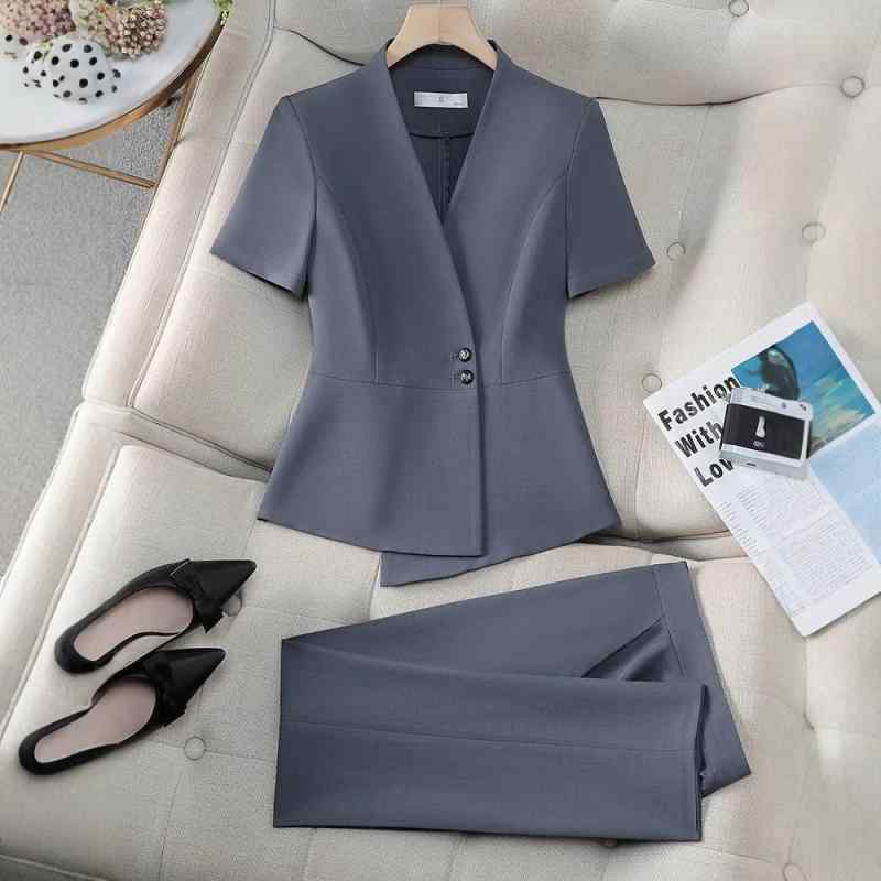 スーツ セットアップ レディース グレー 半袖 ビジネス 薄手 夏用 オフィス 通勤 受付 事務服 制服 上品 エレガント ポリエステル混 4,270円