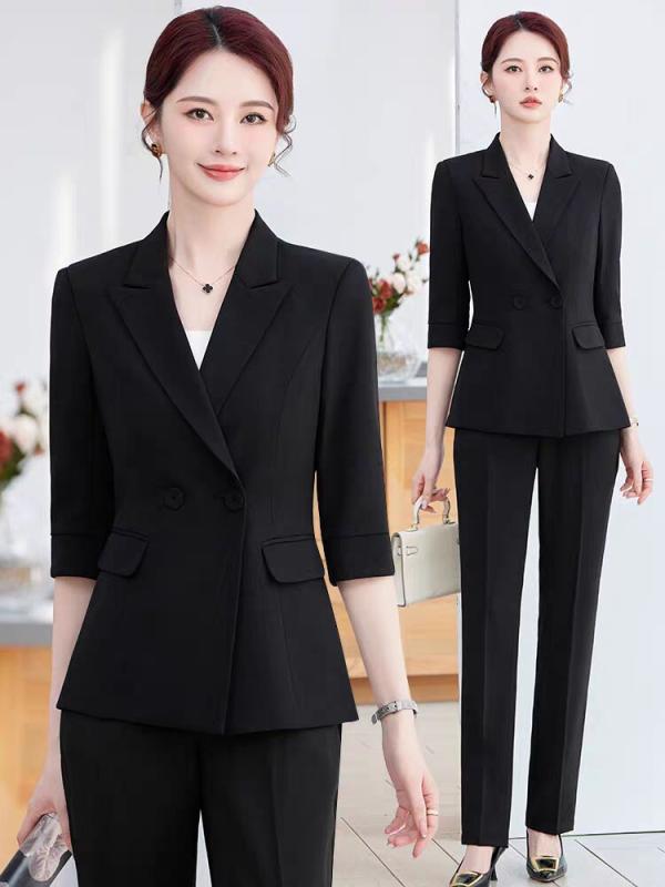スーツ セットアップ レディース 女性用 七分袖 春夏 黒 ブラック ジャケット ポリエステル レーヨン 混紡 オフィス 事務服 制服 美容室 通勤 ワークウェア エレガント 上品