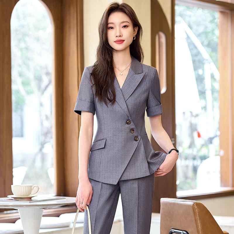 スーツ レディース ストライプ 半袖 セットアップ ジャケット オフィス ビジネス 通勤 制服 ユニフォーム フォーマル 伸縮性 上品 エレガント ポリエステル スパンデックス素材 春夏