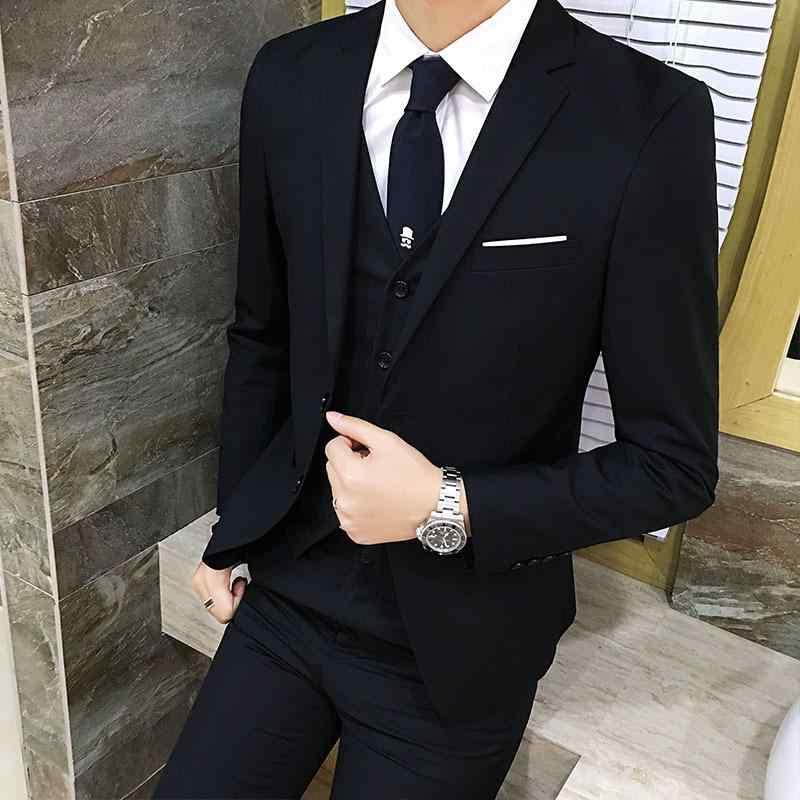 スーツ メンズ ノーアイロン 防シワ スリムフィット スリーピース ビジネス フォーマル 結婚式 新郎 礼服 カジュアル オールシーズン コットン混紡 無地 大きいサイズ対応