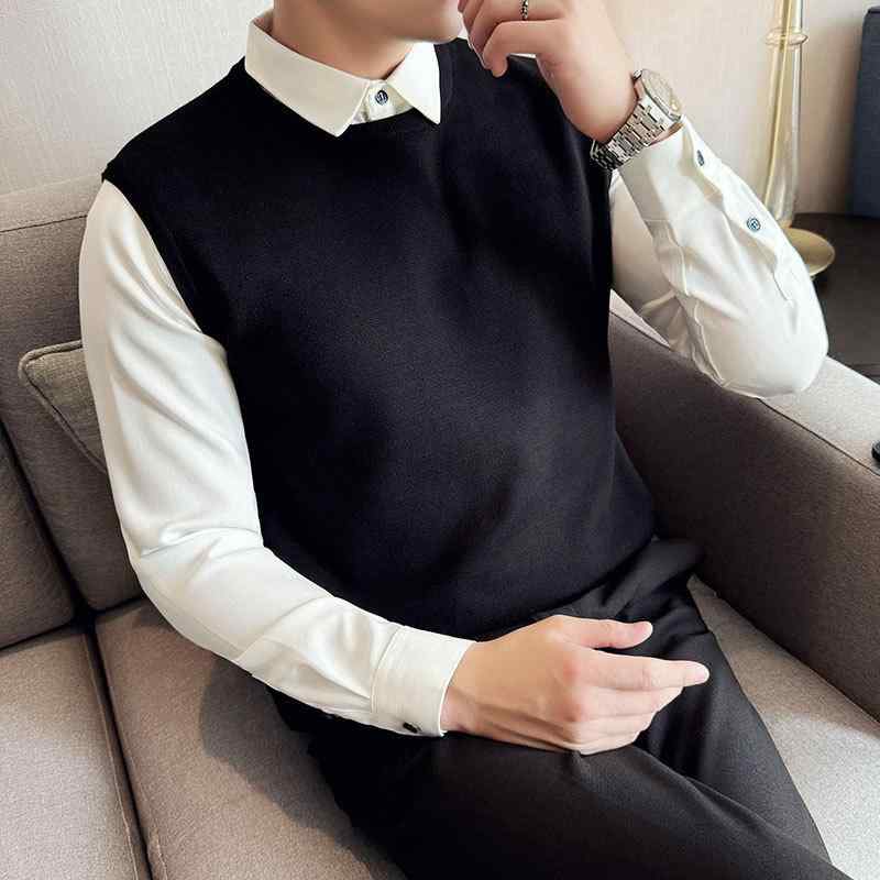 ニット メンズ 秋冬 フェイクレイヤード 厚手 ビジネス 着回し 通勤 シャツ襟 長袖 切り替え モヘア混 大人カジュアル 韓国風