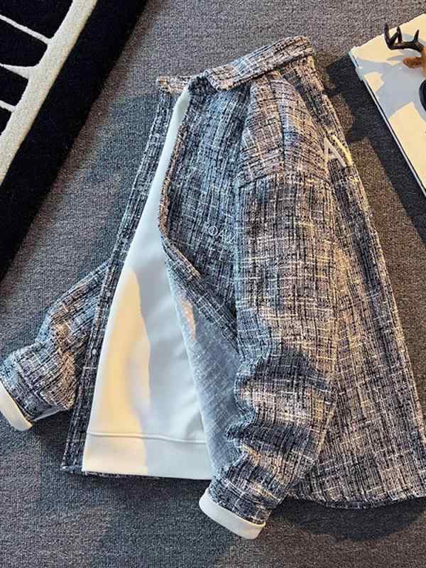 ジャケット メンズ 編み込み格子柄 英字刺繍 カジュアル ゆったり ルーズフィット アメカジ風 韓国風 ストリート 長袖 フードなし シングルブレスト ポリエステル ブルー アウター ブルゾン