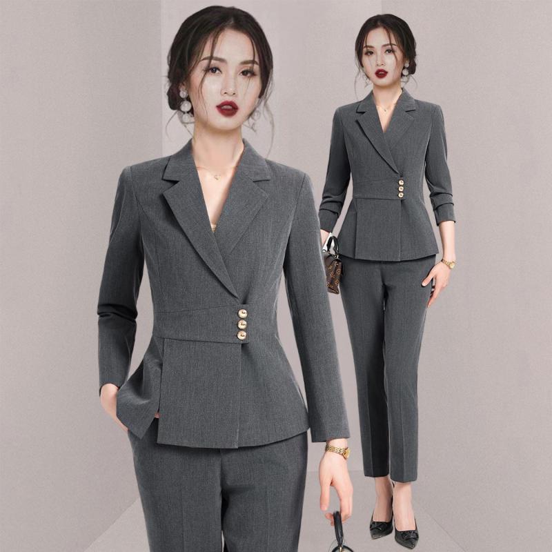 スーツ レディース 秋冬 高級感 上品 ビジネス オフィス 制服 フォーマル ホテル受付 宝石店 接客 フロント ジャケット パンツ 長袖 ロング丈 ネイビー ブラック グレー