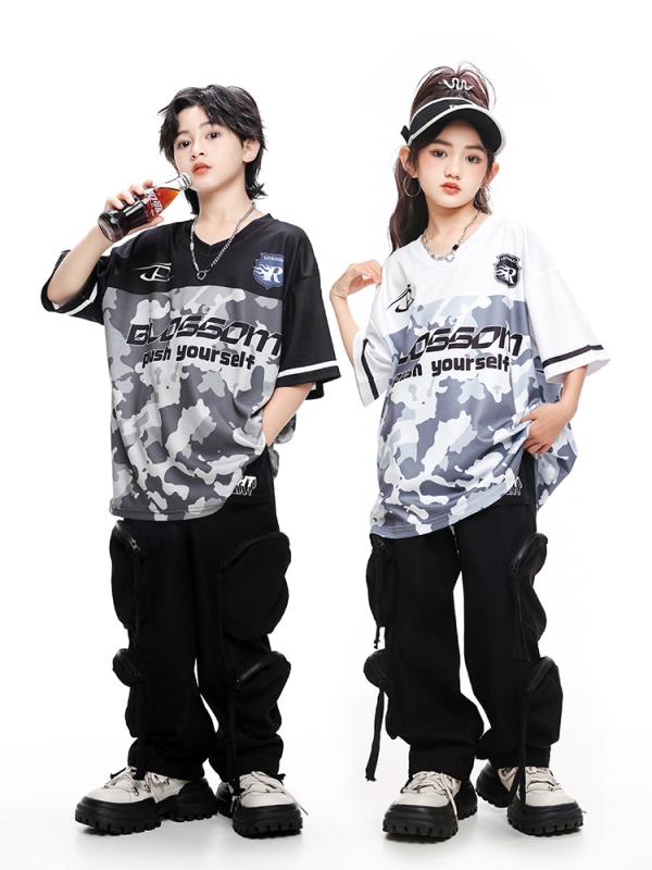セットアップ キッズ ジュニア 男女兼用 ルーズ ゆったり 半袖 Tシャツ 迷彩柄 ヒップホップ ストリート ダンス衣装 カーゴパンツ 発表会 ステージ 練習着 ポリエステル 夏物