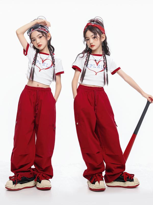 キッズ 女の子 ジャズダンス衣装 韓国風 おしゃれ ショート丈 クロップド丈 カーゴパンツ セットアップ 発表会 舞台 イベント ワインレッド ボルドー 春夏