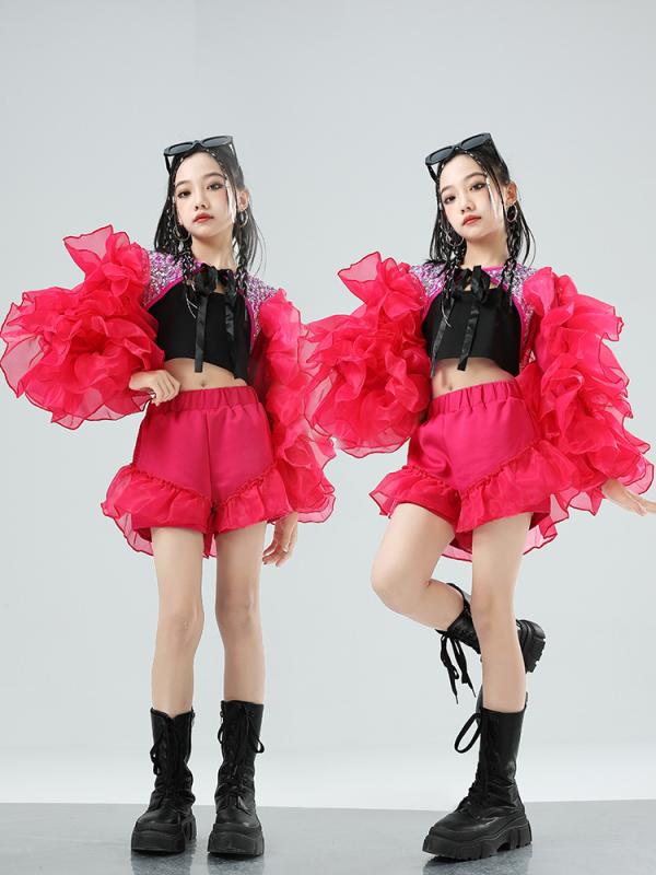 キッズ ガールズ ダンス衣装 ピンク パフスリーブ スパンコール ジャズダンス ステージ 発表会 練習着 セットアップ スカート クール おしゃれ