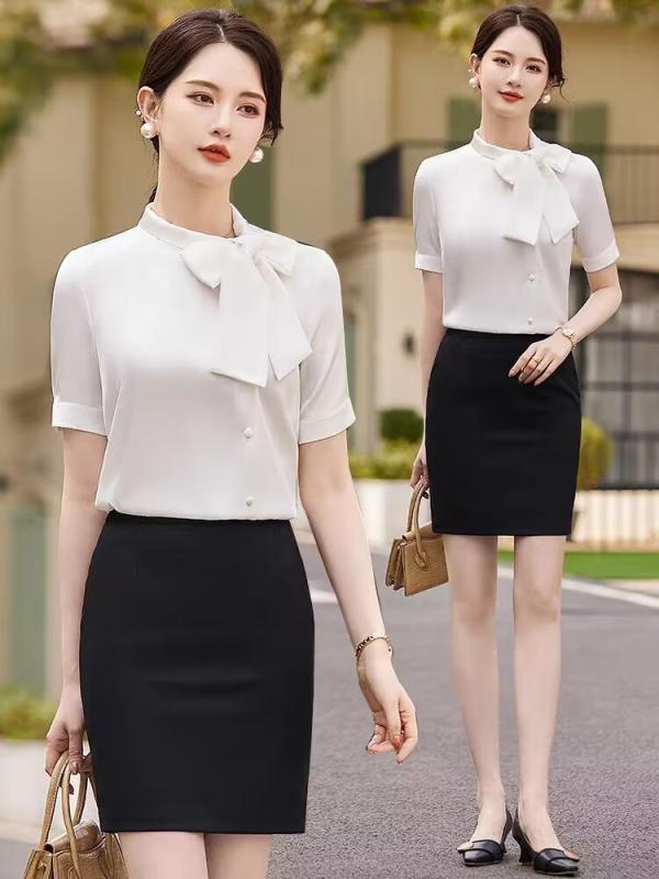 ブラウス レディース 白 半袖 軽量 無地 リボン ビジネス オフィス 通勤 ホテル 受付 美容院 制服 スリムシルエット エレガント きれいめ 春夏