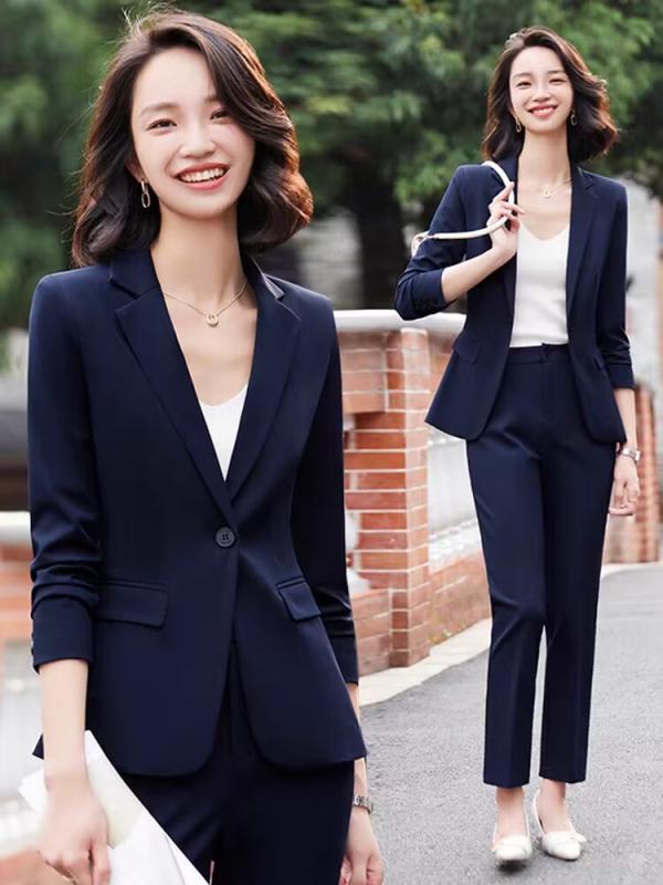 スーツ レディース ビジネス オフィス 事務服 制服 フォーマル セットアップ ジャケット パンツ 春夏 長袖 アンクル丈 ポリエステル ビスコース エレガント 紺色 カーキ色