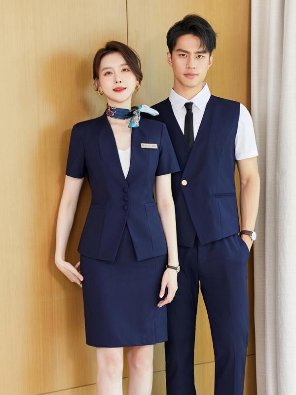 ユニフォーム メンズ レディース 男女兼用 ビジネス サービス業 ホテル レストラン 飲食店 接客 制服 ベスト ジレ スーツ ジャケット パンツ スカート セットアップ オフィス 通勤 速乾 しわになりにくい 上品 エレガント ポリエステル