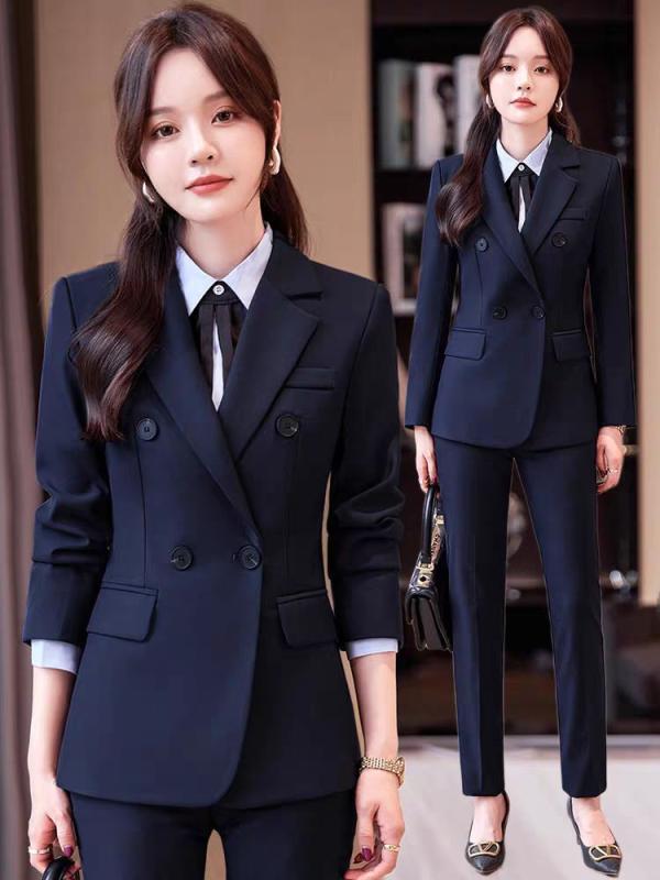 スーツ レディース 春夏 紺色 オフィス ビジネス 制服 事務服 ホテル 受付 マネージャー 通勤用 長袖 エレガント ポリエステル ビスコース セットアップ