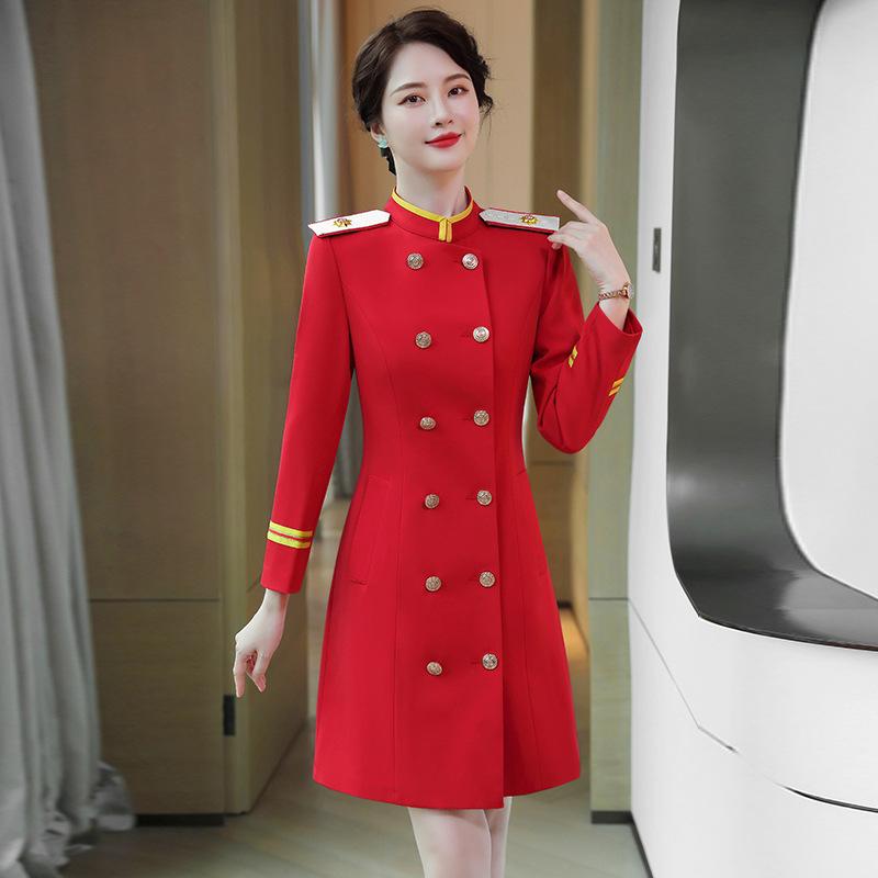 ワンピース レディース スタンドカラー ダブルボタン テーラードジャケット風 Aライン ミニ丈 長袖 秋冬 オフィス 制服 通勤 きれいめ 客室乗務員 バンド 演奏会 ドレス