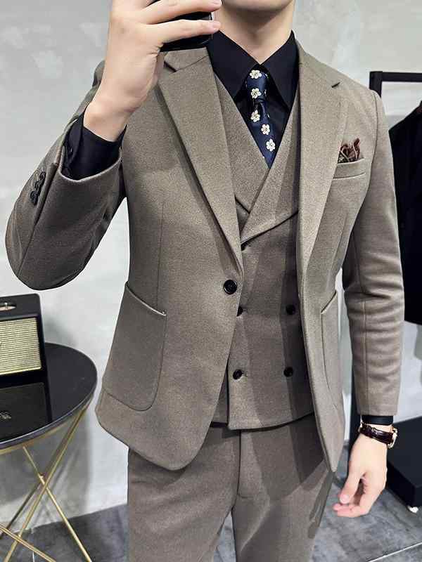 スーツ メンズ 秋冬 厚手 ウール調 スリーピース スリムフィット 1つボタン シングル 礼服 ビジネス 結婚式 披露宴 パーティー フォーマル 冠婚葬祭 セットアップ