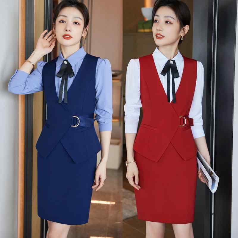 制服 レディース 事務服 伸縮性抜群 上品 エレガント OL通勤 ベスト スーツ セットアップ ミディ丈スカート ノースリーブ ホテル受付 飲食店 美容師 ジュエリーショップ向け