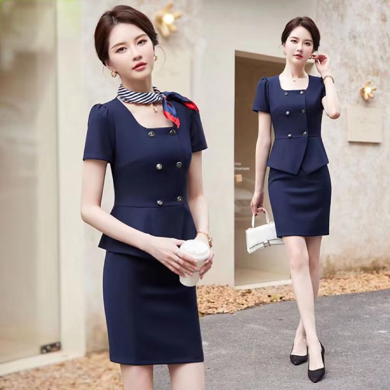 スーツ レディース 半袖 夏 フォーマル ビジネス オフィス 事務服 制服 ユニフォーム 受付 美容師 宝飾店 エレガント 上品 きれいめ ポリエステル レーヨン セットアップ