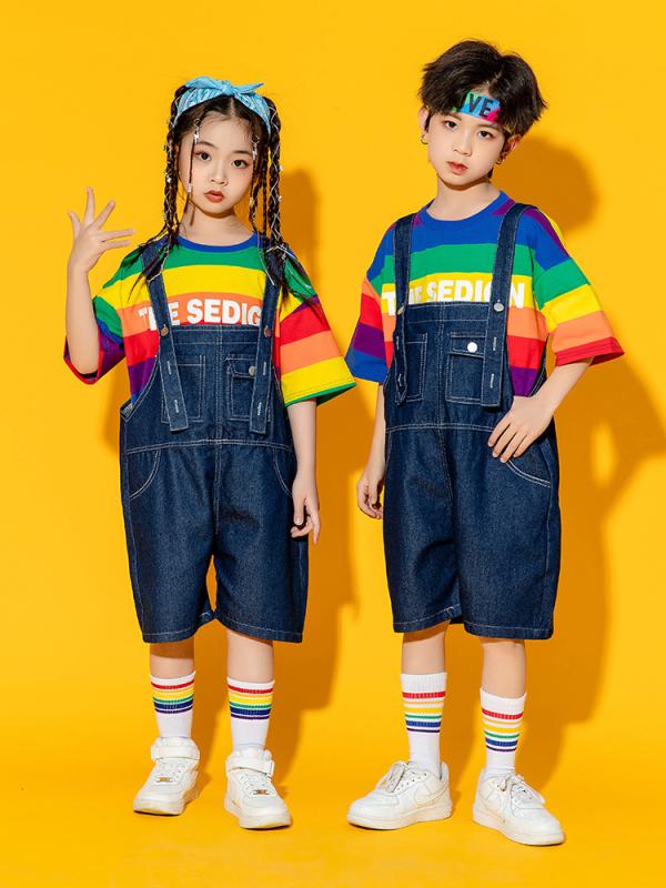 ダンス衣装 キッズ 男の子 ヒップホップ ストリートダンス チアリーディング 小学生 運動会 開会式 発表会 パフォーマンス デニム 綿 セットアップ クール おしゃれ