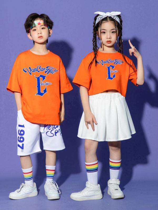 柔らかい 吸湿性 通気性 ダンスウェア キッズ ジュニア 小学生 中学生 チアリーディング チアダンス 発表会 運動会 応援服 ステージ衣装 ヒップホップ スポーティ カジュアル コットン 綿混 春夏 オレンジ 白