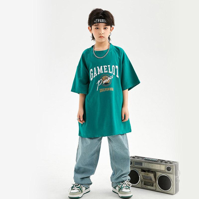 キッズ ストリートダンス 衣装 女の子 男の子 ヒップホップ 発表会 ステージ イベント ゆったり 半袖 Tシャツ ルーズフィット コットン 綿 小学生 中学生 ジュニア 練習着
