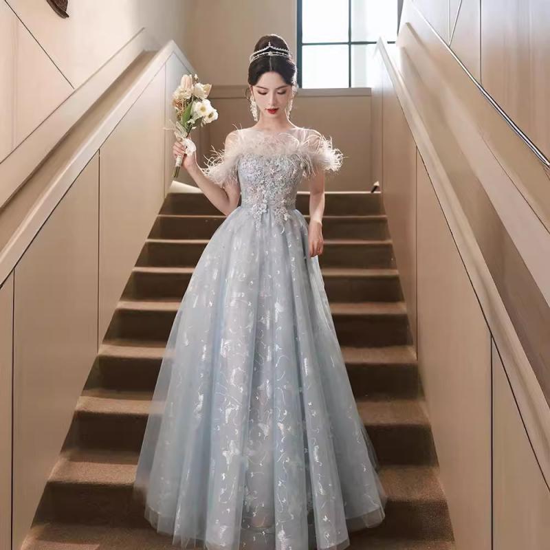 ロングドレス レディース ブルー 青 演奏会 発表会 結婚式 披露宴 二次会 パーティー 司会者 ブライズメイド 上品 エレガント 高級感 個性的 シースルー Aライン オフショルダー 七分袖 チュール