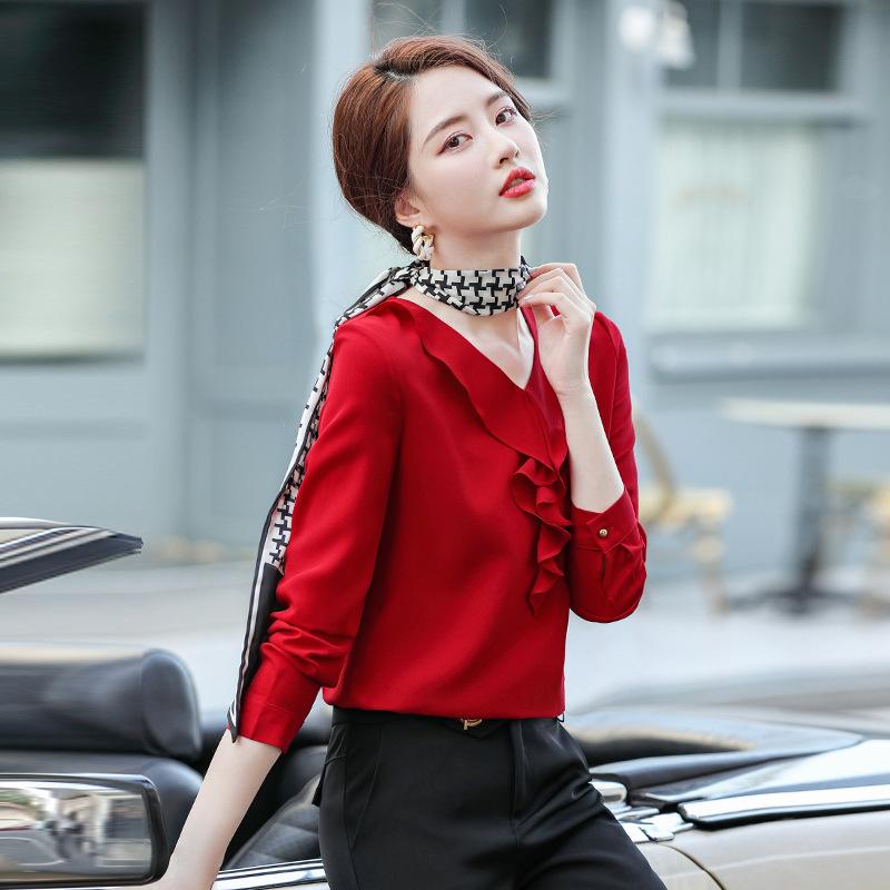 シャツ レディース フリル Vネック 長袖 シフォン ポリエステル プルオーバー 大きいサイズ ゆったり レッド 赤 春夏 通勤 オフィス きれいめ ブラウス