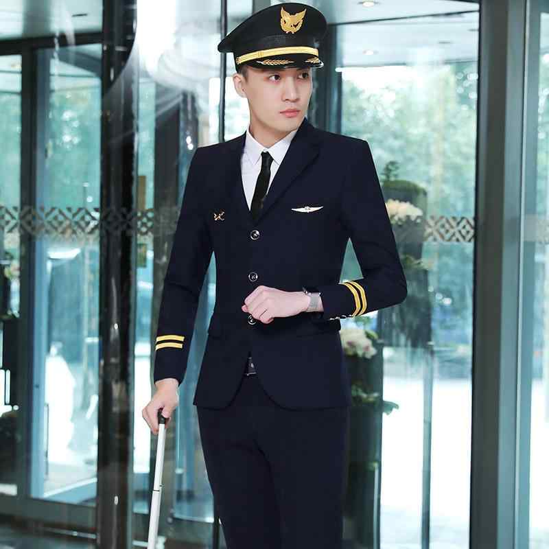メンズ スーツ 機長 パイロット 制服 ユニフォーム 航空 客室乗務員 ホテル スタッフ ビジネス フォーマル 礼服 セットアップ シングルブレスト 3つボタン ノッチドラペル スリムフィット 綿混紡 アセテート素材 春夏 ブラック ネイビー