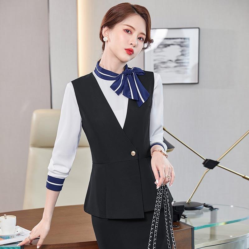 ベスト レディース ジレ 秋冬 ビジネス オフィス 通勤 OL ホテル フロント 事務服 受付 制服 セットアップ スカート ポリエステル混 ストレッチ素材