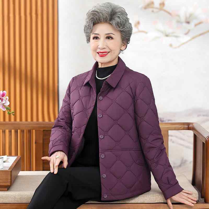 中綿ジャケット レディース ミセス シニア 秋冬 ショート丈 防寒 暖かい ゆったり 大きいサイズ ストレートシルエット ポケット付き アウター パープル レッド ポリエステル素材