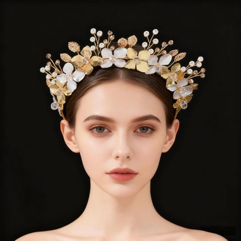 ヘッドドレス レディース ウェディング 結婚式 花嫁 ゴージャス ハンドメイド パール クリスタル ジルコニア フラワー 合金 カチューシャ ゴールド レトロ(x3)