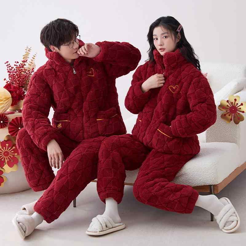 パジャマ メンズ レディース カップル ペア 三層キルティング 中綿入り 極厚 裏起毛 保温 サンゴフリース フランネル 長袖 ロングパンツ スタンドカラー セットアップ ルームウェア 新婚祝い 秋冬 レッド 快適 外出OK