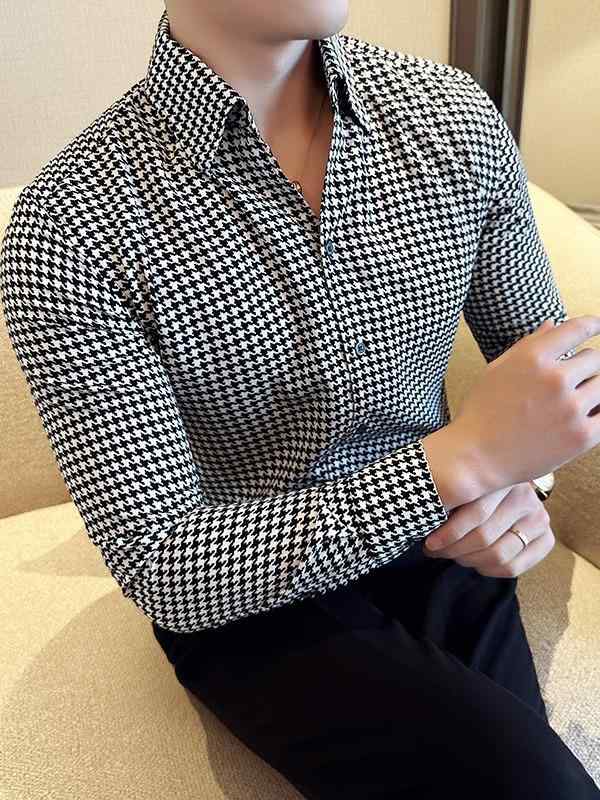 シャツ メンズ Vネック 長袖 千鳥格子 ノーアイロン 形態安定 ドレープ感 シワになりにくい スタイリッシュ スリムフィット ポリエステル カジュアル 春夏 トップス オフィスカジュアル 普段使い